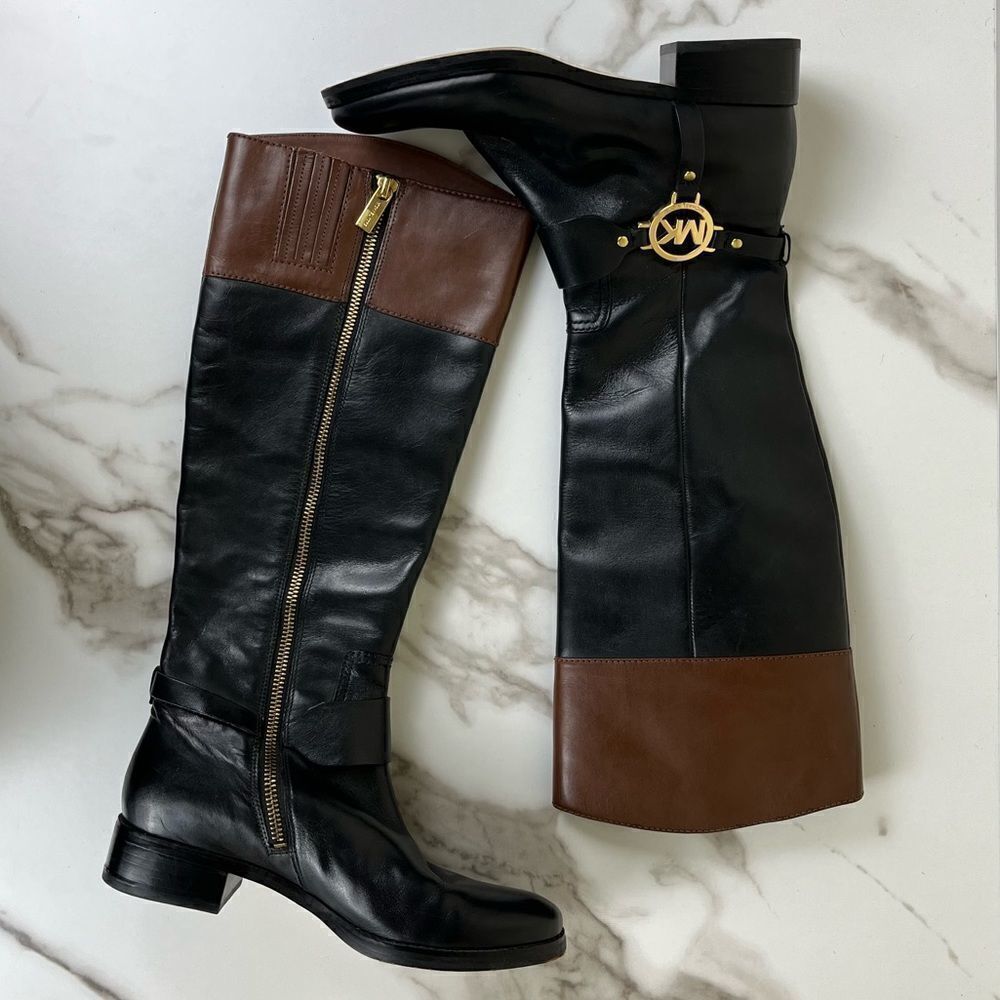Michael Kors Women Size 6.5 Fulton Harness Two Tone Leather Riding Boots